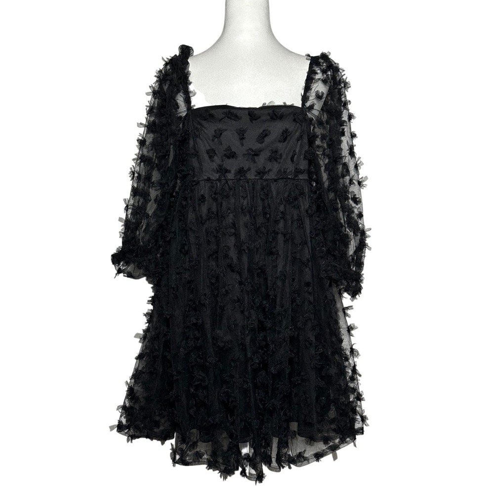 Rustik Roots Boutique Black 3D Floral Applique Mesh Mini Dress Small